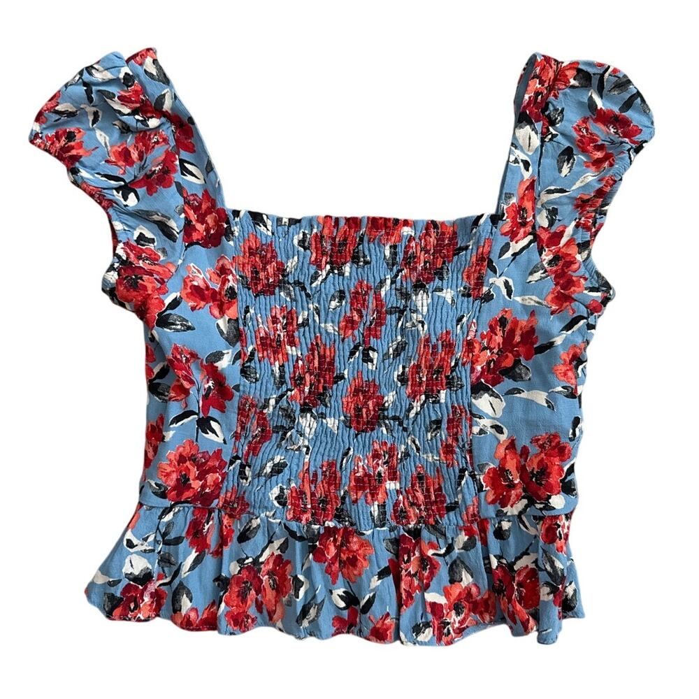 Zara Smocked Back Floral Cropped Top Red‎ & Blue Size Small - Picture 7 of 11